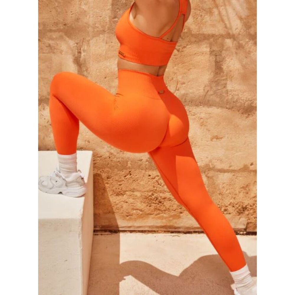 Bo+Tee Ribbed Waist Seamless Intensity Leggings Deep Orange Small